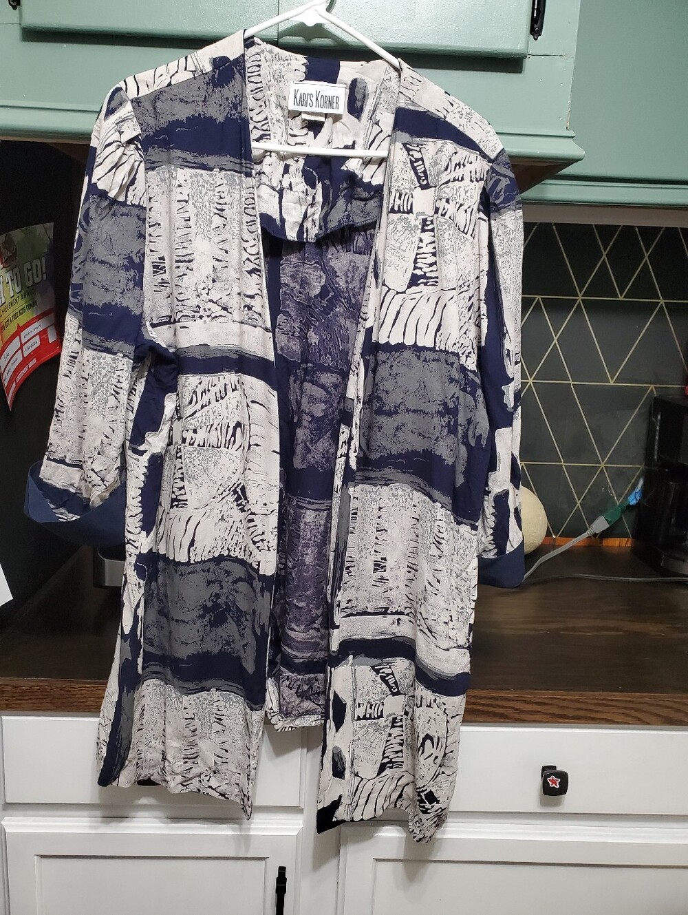 Kari's Korner Vintage Abstract Print Duster Kimono Cardigan Navy White Rayon